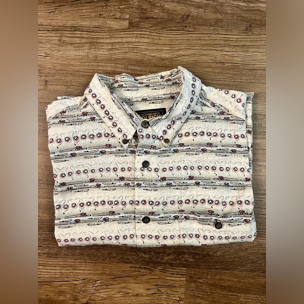 Woolrich Shirt Fly Fishing All Over Print Button Up Mens 2XL Vintage Outdoor E6